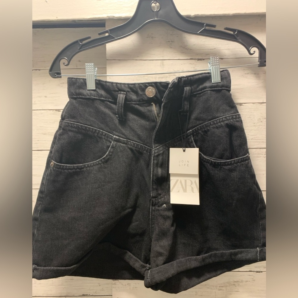 ZARA Black Denim Jean Shorts Size 2 High Rise Roll Cuff Y2K
